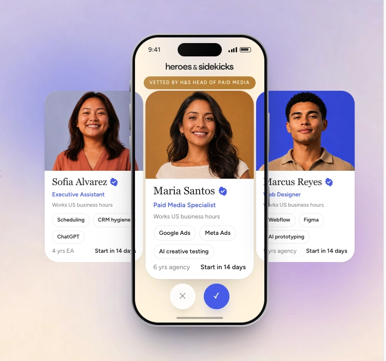 Three talent portrait cards featuring lavender, golden and blue backgrounds, with a centered phone