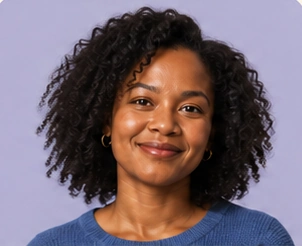 Illustrative creative team member on a brand-colored portrait card
