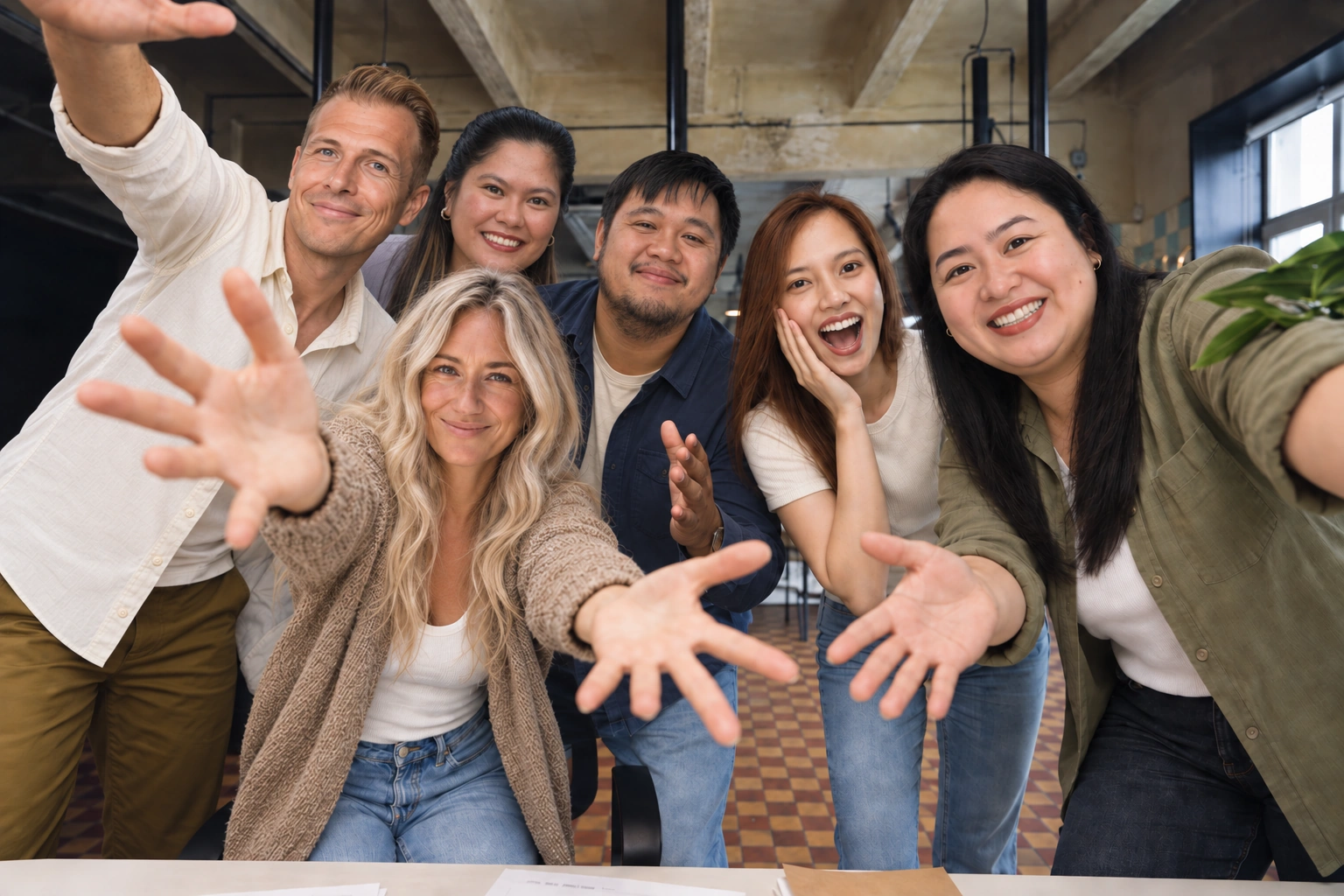 Six people laughing together and reaching toward the camera